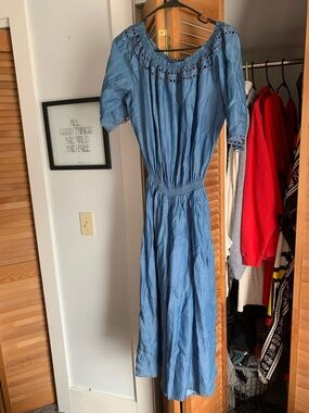 Blue Women's one piece off shoulder jumpsuit  with Crochet Detail sz Large